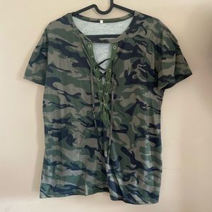Camo tie front blouse